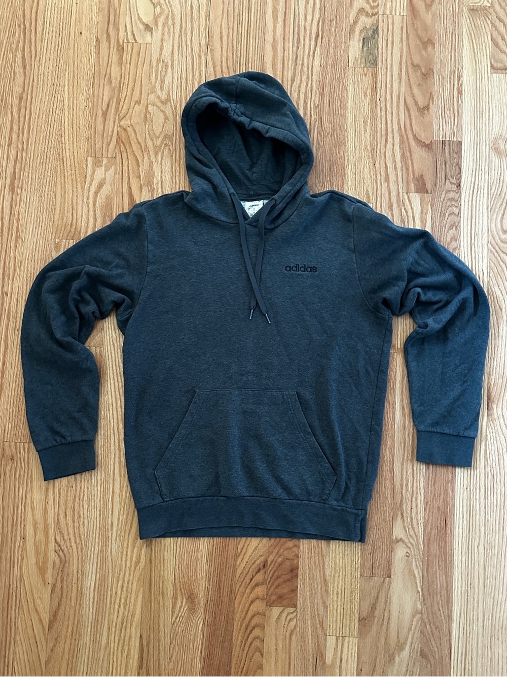 Adidas Charcoal Grey Small Logo Hoodie Minimalist Athleisure Pullover Sweatshirt